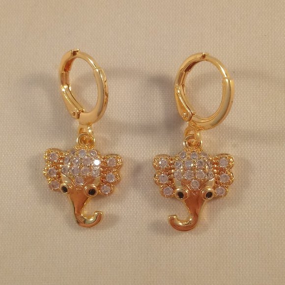 18K Yellow Gold Filled Elephant Diamond Zircon Dangle Earrings Gorgeous Gift - Picture 3 of 4